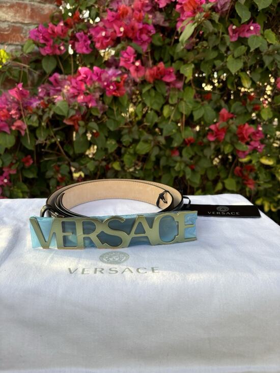 Versace Spell Out Buckle Leather Belt Black Sz 95 38
